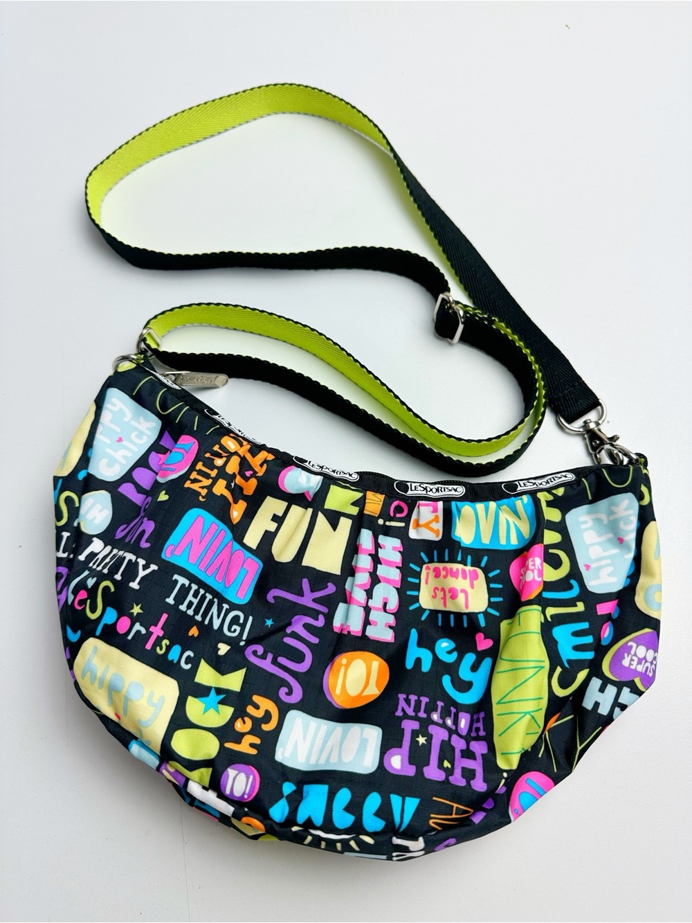 Lesportsac Fun Words Graffiti Crossbody Handbag Purse NWOT Crescent Moon Shape